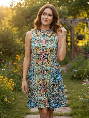 Tiana Swing Dress 10 Sleeveless Flowy Paisley 60s70s Dopamine Psychedelic Travel
